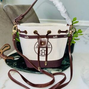 Hermes UPCYCLED Bucket Tote Purse Brown and Cream Crossbody Duetcover Bag